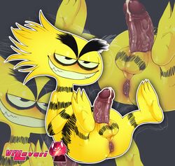 anus ass balls bendy_(fhfif) cartoon_network cumdrip erection foster's_home_for_imaginary_friends humanoid_penis male mammal penis presenting_hindquarters sharp_teeth smile solo striped_fur thick_eyebrows valavari wild_hair yaoi