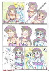 bishoujo_senshi_sailor_moon bite_mark black_hair black_sclera blonde_hair blush bra breasts claws clothing comic corruption fangs glowing_eyes large_breasts locofuria long_hair mirror nipples page_3 page_number pointy_ears red_eyes rei_hino sailor_mars sailor_moon small_breasts text topless traditional transformation twintails usagi_tsukino vampire yuri