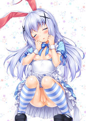 absurdres animal_ears anus bangs black_shoes blue_eyes blue_hair blue_ribbon blush breasts bunny_ears closed_eyes closed_mouth eyebrows_visible_through_hair female frills from_below full_body gochuumon_wa_usagi_desu_ka? hair_ornament hairclip highres kafuu_chino loafers long_hair looking_at_viewer nipples no_bra no_panties no_underwear open_mouth peeing pussy ribbon sayori shoes sitting_pee skirt squatting striped striped_legwear sweat tears urinating urinating_female urination urine urine_drip waitress wrist_cuffs x_hair_ornament