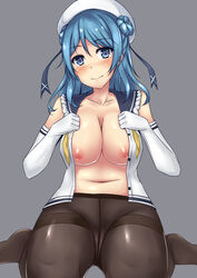 1girls areolae belly black_legwear blue_eyes blue_hair blush breasts cleavage crotch_seam double_bun elbow_gloves female female_only gloves hat heart heart-shaped_pupils highres kantai_collection large_breasts looking_at_viewer navel neckerchief nipples panties panties_under_pantyhose pantyhose pleated_skirt sailor_hat school_uniform serafuku sitting skirt sleeves_rolled_up smile solo symbol-shaped_pupils terakoya thighband_pantyhose underwear urakaze_(kantai_collection) wariza