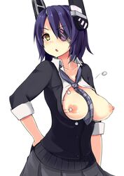 breasts bursting_breasts chestnut_mouth collar eyepatch female hand_on_hip kantai_collection large_breasts nipples ocha_(ochappie) personification pleated_skirt popped_button purple_hair skirt solo tenryuu_(kantai_collection) wardrobe_malfunction yellow_eyes