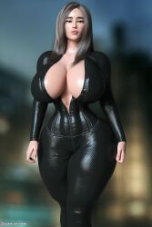 3d audrix candy_(audrix) cleavage huge_ass huge_breasts leather_suit looking_at_viewer revealing_clothes thick