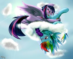 2016 69_position alicorn ass blue_feathers blush cloud cutie_mark dickgirl duo equine feathered_wings feathers female feral friendship_is_magic frist44 futa_on_female futanari hair hi_res horn intersex intersex/female mammal multicolored_hair my_little_pony on_cloud oral outside pegasus penis purple_feathers pussy rainbow_dash_(mlp) rainbow_hair sex throat_swabbing tongue tongue_out twilight_sparkle_(mlp) upside-down wings