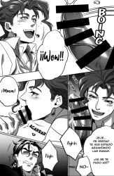 2boys blush censored erect_penis erection gay jojo's_bizarre_adventure jotaro_kujo male male/male male_only noriaki_kakyoin oral spanish_text stardust_crusaders yaoi