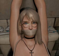 1girls 3d 3d_(artwork) ankles_tied arms_above_head black_choker blender blender_eevee blonde_hair blue_eyes bondage bound captured choker cross_earrings cross_necklace gag gagged glasses grace_(osimai) huge_breasts kidnapped necklace nervous nose_piercing nose_ring original_character osimai otm_gag pleated_skirt public_toilet public_use restrained rope skirt syringe tank_top tied tied_wrists toilet toilet_paper toilet_slave toilet_stall trash used_tissue wrists_tied