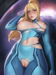 2024 artist_name blonde_hair blue_bodysuit blue_eyes blush bodysuit bootybear breasts breasts_apart breasts_out commentary english_commentary female high_ponytail highres impossible_bodysuit impossible_clothes large_breasts lips long_hair looking_at_viewer metroid navel nipples parted_lips ponytail pussy samus_aran signature skin_tight solo space stomach torn_bodysuit torn_clothes window zero_suit zero_suit_samus