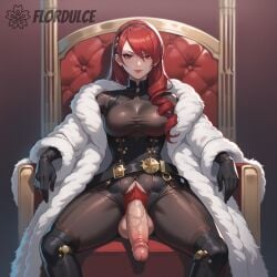 ai_generated ball_hair balls erect_penis erection flordulce futanari hairy_balls hairy_testicles mitsuru_kirijo penis persona persona_3 persona_4_arena pubic_hair red_eyes red_hair seductive seductive_look seductive_smile sitting spread_legs testicles throne