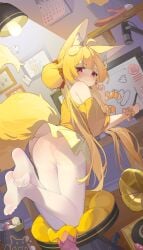 absurdres ahoge animal_ear_fluff animal_ears ass blonde_hair blush closed_mouth feet female fox_ears fox_girl fox_tail from_behind hair_bun highres indoors long_hair looking_at_viewer looking_back ningmeng_jing_jing_jing_jing no_panties no_shoes off_shoulder original pantyhose pussy red_eyes scrunchie shirt skirt soles solo tail toes very_long_hair white_pantyhose