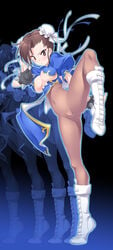 afterimage bangs black_gloves blue_dress boots bracelet breasts brown_eyes brown_hair bun_cover cameltoe casual_exposure china_dress chinese_clothes chun-li cleavage_cutout closed_mouth covered_navel cross-laced_footwear double_bun dress female fighting_stance full_body fully_clothed gloves highres jewelry kuzuryuu_kennosuke large_breasts leg_up looking_at_viewer navel pantyhose puffy_short_sleeves puffy_sleeves pussy see-through short_hair short_sleeves solo spiked_bracelet spikes standing standing_on_one_leg street_fighter white_boots