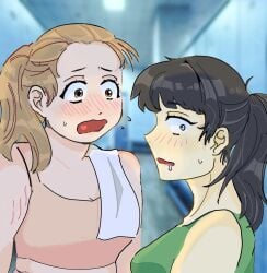 2girls clothed embarrassed female female_only gym i_wanna_suck_her_fat_titties_(meme) i_wish_i_had_her_body_(meme) ponytail sports_bra yuri