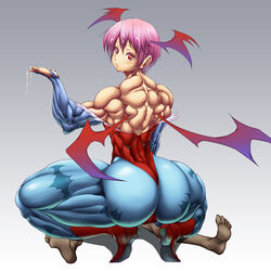 1girls ass back bare_shoulders biceps blue_legwear boots bridal_gauntlets cameltoe capcom cleavage clothing cum cum_in_hair cum_on_face cum_on_hand dark-skinned_male darkstalkers dat_ass demon demon_girl demon_wings demoness elbow_gloves extreme_muscles female flex head_wings highres huge_ass huge_thighs large_ass lilith_aensland looking_at_viewer looking_back muscle muscles muscular muscular_back muscular_female muscular_legs pantyhose pink_hair purukogi_(plasma_beach) red_eyes short_hair shoulders simple_background small_breasts spread_legs squatting straddling succubus thick_thighs uncensored wings