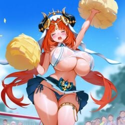 >_< ai_generated arm_behind_head arm_up armpits arms_behind_head arms_up, bare_legs bare_shoulders belly big_breasts blue_sky blush cheerleader closed_eyes cloudy_sky dynamic_pose from_below frown genshin_impact gigantic_breasts hair_ornament huge_breasts large_breasts long_hair miniskirt navel nilou_(genshin_impact) outdoors panties playground plump pom_pom_(cheerleading) pom_poms red_hair seductive seductive_eyes seductive_look side-tie_panties sports_bra stadium stadium_background sweat sweatdrop sweating sweaty thick_thighs thigh_strap underboob wet_clothes wet_panties wide_hips