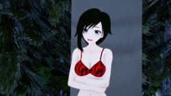 3d bikini black_hair breasts crossed_arms koikatsu leopard_print medium_breasts mrkoiru open_mouth outdoors pale_skin ruby_rose rwby silver_eyes swimsuit the_jungle_book