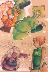 2015 4girls alien amethyst_(steven_universe) anthro artist_signature belly_hold blush cartoon_network dialogue english_text gem_(species) jasper_(steven_universe) kissing_belly laugh pearl_(steven_universe) peridot_(steven_universe) pregnant reclining shadowpelt steven_universe traditional_media_(artwork) uncensored