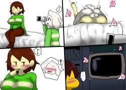 anthro_penetrating asriel_dreemurr big_ass big_breasts big_thighs blush brown_hair camera chara chara_(undertale) enigi09 frisk frisk_(undertale) mating_press thick_thighs tv undertale undertale_(series) white_fur