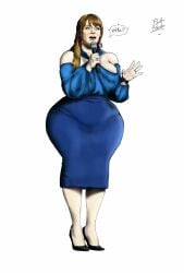 actress big_ass big_breasts big_butt blue_dress fat_ass fat_butt ginger holding_object long_hair microphone real_person realistic rusbe_rusbe sideboob speech_bubble talking text text_bubble wide_hips