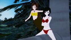 3d bikini black_hair breasts brown_hair crossed_arms koikatsu lamia leopard_print long_hair medium_breasts monster monster_girl mrkoiru open_mouth original original_character outdoors pale_skin ruby_rose rwby silver_eyes swimsuit the_jungle_book yellow_eyes