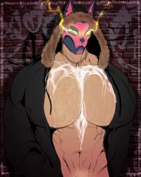 bara hood hood_up huge_pecs jacket mask masked_male muscular muscular_male necklace no_visible_genitalia rift_strider_drift vikifox_(artist)