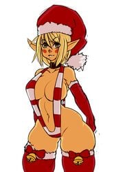 1girls ankama bangs bikini blonde_hair blush_stickers breasts choker christmas cowboy_shot cra curvy elf evangelyne female female_only freckles front_view green_eyes hair_between_eyes hat holidays huge_breasts jingle_bell large_breasts long_ears meloninu navel pointy_ears santa_hat short_hair simple_background skindentation sling_bikini smile solo striped_bikini thick_thighs thighhighs voluptuous wakfu white_background wide_hips