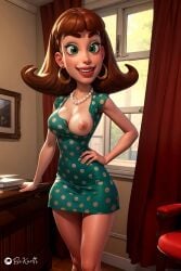 1girls ai_generated bokartti breasts brown_hair clothing female female_only green_eyes human jimmy_neutron_boy_genius judy_neutron mature_female milf nickelodeon one_breast_out smile solo standing