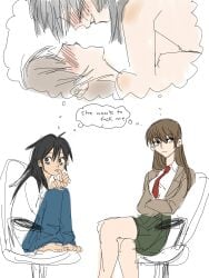 2girls asymmetrical_docking breasts death_note english_text female/female females_only flat_chest genderswap_(mtf) girl_on_top imagining l_lawliet large_breasts light_yagami missionary_position multiple_girls neet rule_63 school_uniform text thought_bubble y4ntaoist yuri