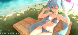 :p armpit beach big_breasts bikini breasts hatsune_miku navel noob_noobington pixel_art sitting thick thick_thighs tongue_out tummy vocaloid