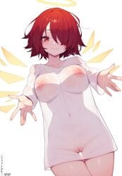 ai_assisted ai_generated arknights artist_name blush breasts cleft_of_venus cowboy_shot exusiai_(arknights) hair_over_one_eye halo head_tilt lattekoi5252 light-skinned_female long_sleeves medium_breasts navel nipples pussy reaching_out reaching_towards_viewer red_eyes red_hair see-through see-through_clothing shirt shirt_only short_hair simple_background smile solo solo_female thighs uncensored white_background white_shirt