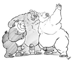 2016 5_fingers 5_toes anthro balls barefoot bear belly big_belly biped cartoon_network claws erection fangs front_view glans greyscale grizzly_(character) group hug humanoid_penis ice_bear looking_at_viewer male male_only mammal monochrome nude open_mouth overweight overweight_male panda panda_(character) penis plantigrade polar_bear raised_arm signature simple_background smile standing thick_thighs toe_claws toes uniparasite we_bare_bears white_background