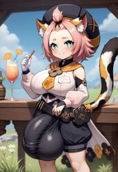 ai_generated balls_bigger_than_penis balls_under_clothes big_balls big_breasts big_penis bulge cat_ears cat_tail catgirl civitai clothed cup diona_(genshin_impact) drinks flaccid flaccid_penis full-package_futanari fully_clothed futa_only futanari genshin_impact hat huge_balls huge_breasts huge_bulge looking_at_viewer mizuiro01 penis_under_clothes pink_hair smile smiling smiling_at_viewer tail testicles