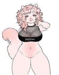 0phanim anthro belly big_breasts breasts clothing feline feline female fishnet fur hair hi_res huge_breasts looking_at_viewer mammal pussy simple_background smile solo thick_thighs wide_hips