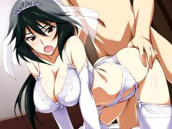 1boy 1girls 1woman ai_generated big_breasts black_hair chifuyu_orimura female from_behind huge_breasts infinite_stratos large_breasts male mature_female milf open_mouth orimura_chifuyu sex wedding_veil white_lingerie