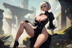 1robot_girl ai_generated android big_breasts black_dress cleavage high_heel_boots high_heels league69 looking_at_viewer nier:_automata no_panties robot_humanoid short_hair solo white_hair yorha_2b