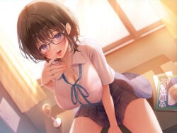 1girl absurdres between_legs blue_skirt blush book bra bra_visible_through_clothes breasts brown_hair bush cleavage collarbone collared_shirt curtains desk evening glasses hair_between_eyes hand_between_own_legs highres indoors large_breasts looking_at_viewer navy_(navy.blue) on_desk open_mouth original plaid_clothes plaid_skirt pleated_skirt purple_eyes school_uniform shirt sidelocks sitting skirt solo sunlight thighs tongue tongue_out underwear white_bra white_shirt window
