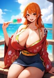 ai_due ai_generated arm_tattoo bare_legs big_breasts bikini cleavage female female_only gigantic_breasts huge_breasts japanese_clothes kimono large_breasts light-skinned_female light_skin long_hair looking_at_viewer nami one_piece orange_eyes orange_hair post-timeskip short_skirt shounen_jump smiling thick_thighs thighs voluptuous voluptuous_female