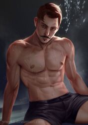 1boy 2016 abs artist_name artist_signature artist_website bara beauty_mark biceps black_hair dark-skinned_male dark_hair dark_skin dorian_pavus dragon_age dragon_age_inquisition facial_hair gay_male half-dressed half_naked looking_at_viewer mage male male_only mole moustache muscles muscular muscular_male nipples pecs seductive_look solo solo_male spread_legs underwear video_games water water_drop ynorka