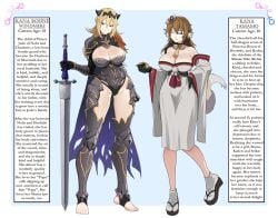 2girls absurdres aged_up animal_ears armor bare_shoulders black_armor black_gloves blonde_hair blue_background blue_eyes breasts brown_eyes brown_hair cape claymore_(sword) cleavage commentary cowlick crown crown_hair_ornament detached_collar detached_sleeves dragon_girl english_commentary english_text eudetenis female female_focus fire_emblem fire_emblem_fates fox_ears fox_girl fox_tail fully_clothed genderswap_(mtf) gloves greatsword hair_ornament hair_ribbon highres japanese_clothes kana_(female)_(fire_emblem) kana_(fire_emblem) kana_(male)_(fire_emblem) kimono kitsune large_breasts leg_armor leotard long_hair medium_hair messy_hair multiple_girls nintendo obi oerba_yun_fang panties pauldrons pointy_ears pom_pom_(clothes) pom_pom_hair_ornament revealing_clothes ribbon rule_63 sash seiza shield shoulder_armor sitting sword tabi tail text thigh_gap thighs torn_cape torn_clothes underwear weapon white_kimono white_tail zouri