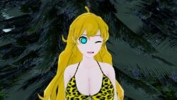 3d bikini blonde_hair breasts hypnosis kaa_eyes koikatsu large_breasts leopard_print long_hair mind_control mrkoiru one_eye_closed open_mouth outdoors pale_skin resisting rwby surprised the_jungle_book weak_resistance yang_xiao_long