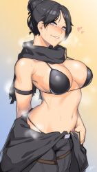 apex_legends big_breasts bikini black_hair heart looking_at_viewer love smile stuffy sweat sweatdrop tagme wraith_(apex_legends)