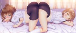 2girls all_fours ass ass-to-ass bare_legs bed blue_eyes blush breast_press breasts brown_eyes brown_hair buruma closed_mouth curtains female female_only gym_uniform hairband high_resolution ichi_makoto indoors infirmary kazuma_(kazumav) kneehighs large_breasts legs long_hair looking_at_viewer looking_back lying multiple_girls mutual_yuri no_shoes on_bed original ponytail short_hair sidelocks smile socks spats sweat take_your_pick thighs third-party_edit tied_hair top-down_bottom-up white_legwear yellow_eyes yuri