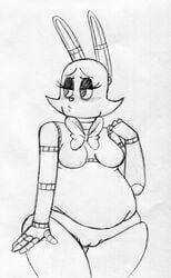 2015 animatronic anthro barely_visible_genitalia black_and_white blush bonnie_(fnaf) bow_tie breasts featureless_breasts female five_nights_at_freddy's half-closed_eyes inkyfrog lagomorph looking_away machine mammal monochrome pussy rabbit robot rule_63 simple_background subtle_pussy traditional_media_(artwork) video_games white_background wide_hips