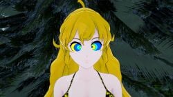 3d bikini blonde_hair breasts eyes_crossed hypnosis kaa_eyes koikatsu large_breasts leopard_print long_hair mind_control mrkoiru open_mouth outdoors pale_skin resisting rwby smile the_jungle_book weak_resistance yang_xiao_long