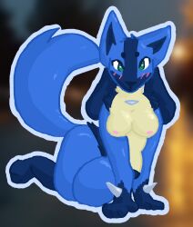 absurd_res anthro big_tail blush blush_lines breasts canid canine female generation_4_pokemon green_eyes hi_res lucario lucky_lucarios mammal nintendo nipples pokemon pokemon_(species) sitting solo solo_focus spikes spikes_(anatomy) tail thick_thighs