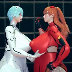 2girls 3d 3d_(artwork) alternate_breast_size arguing asuka_langley_sohryu blue_hair blush breast_grab breasts clothed clothed_female female female_focus female_only fishnets funkymery hair_accessory honey_select honey_select_2 huge_breasts illusion_soft large_nipples larger_female neon_genesis_evangelion orange_hair perky_breasts plugsuit red_suit rei_ayanami white_suit