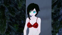 3d bikini black_hair breasts crossed_arms hypnosis kaa_eyes koikatsu leaning_forward leopard_print medium_breasts mind_control mrkoiru open_mouth outdoors pale_skin ruby_rose rwby silver_eyes surprised swimsuit the_jungle_book