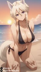 ai_generated animal_ears animal_tail beach bikini blonde_hair covered_nipples gumi_arts kage_no_jitsuryokusha_ni_naritakute! looking_at_viewer outdoors purple_eyes smile stable_diffusion sunset the_eminence_in_shadow wet zeta_(the_eminence_in_shadow)