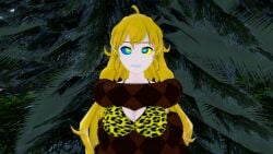 3d bikini blonde_hair breasts coiling eyes_crossed hypnosis kaa_eyes koikatsu lamia large_breasts leopard_print long_hair mind_control monster monster_girl mrkoiru open_mouth original original_character outdoors pale_skin rwby smile snake the_jungle_book yang_xiao_long