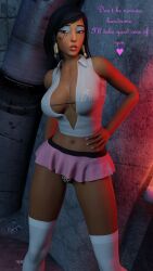 3d animal_print black_hair blender caption dark_skin dustedfountain eyeshadow female hooker leopard_print looking_at_viewer miniskirt open_topwear overwatch overwatch_2 pharah pink_nails prostitution see-through_clothing stockings thighhighs