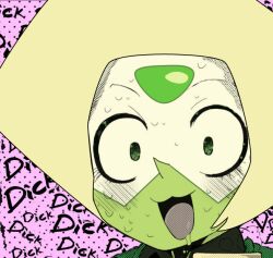 1girls 2015 artist_request blush cartoon_network color digital_media_(artwork) drool drooling english english_text excited female gem_(species) implied_penis nervous nervous_sweat peridot_(steven_universe) solo steven_universe visor