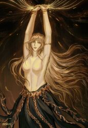 1girls _rashuu_ arms_up blonde_hair breasts canonical_scene elden_ring female female_only fromsoftware milf queen_marika_the_eternal shadow_of_the_erdtree topless