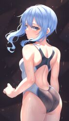 1girls aoi_zerii ass bare_shoulders black_one-piece_swimsuit blue_eyes blue_hair blush breasts hair_between_eyes hololive hololive_gen_0 hololive_japan hoshimachi_suisei medium_breasts medium_hair one-piece_swimsuit solo star_in_eye swimsuit thighs virtual_youtuber